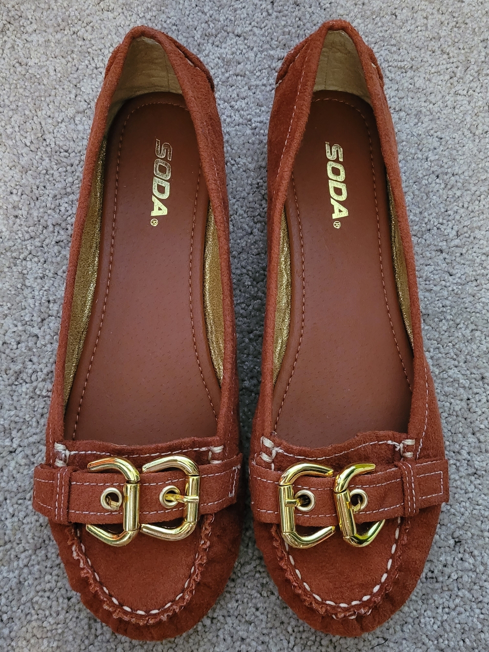 Soda Burnt Orange Faux Suede Slip-On Flats with Gold Buckle